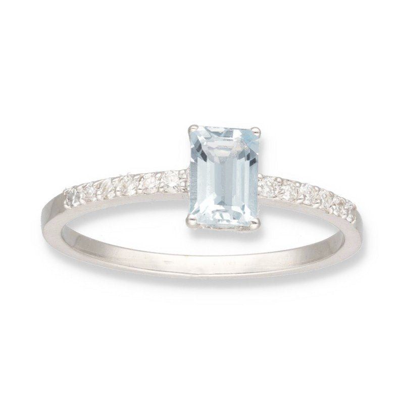 Anillo aguamarina octógono con diamantes en oro blanco de 9 K