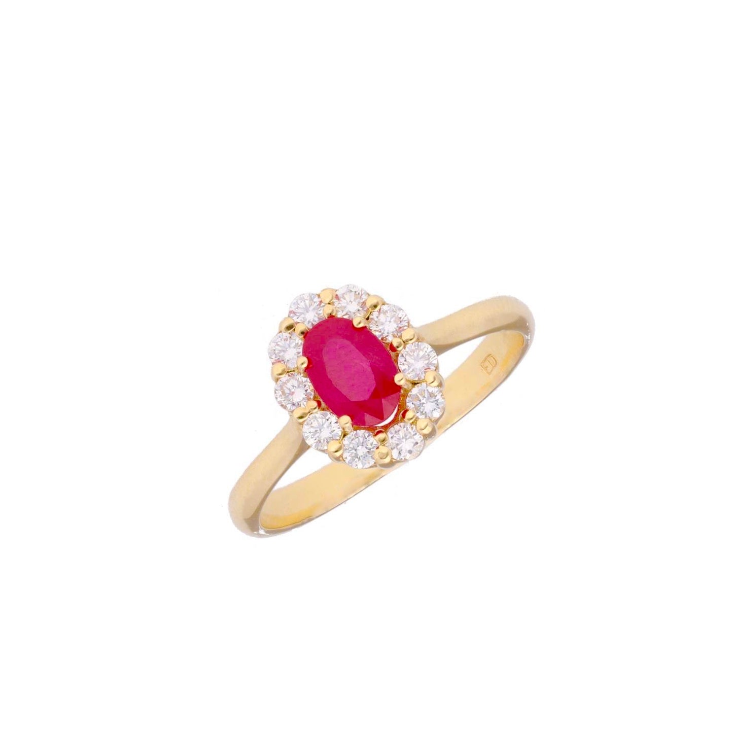 Anillo orla diamantes con  rubí en oro de 18 Kilates