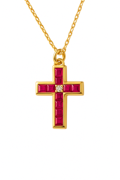 Colgante cruz con rubí y diamante