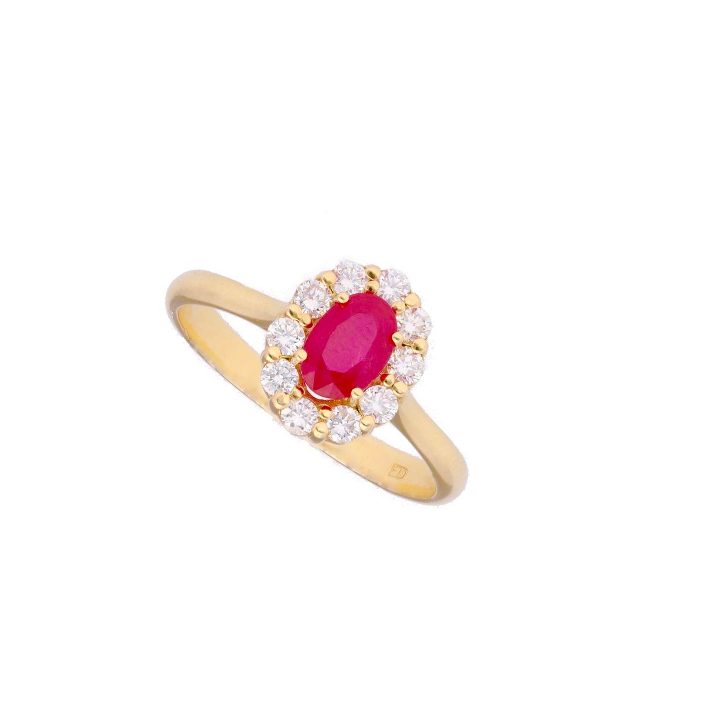Anillo orla diamantes con  rubí en oro de 18 Kilates