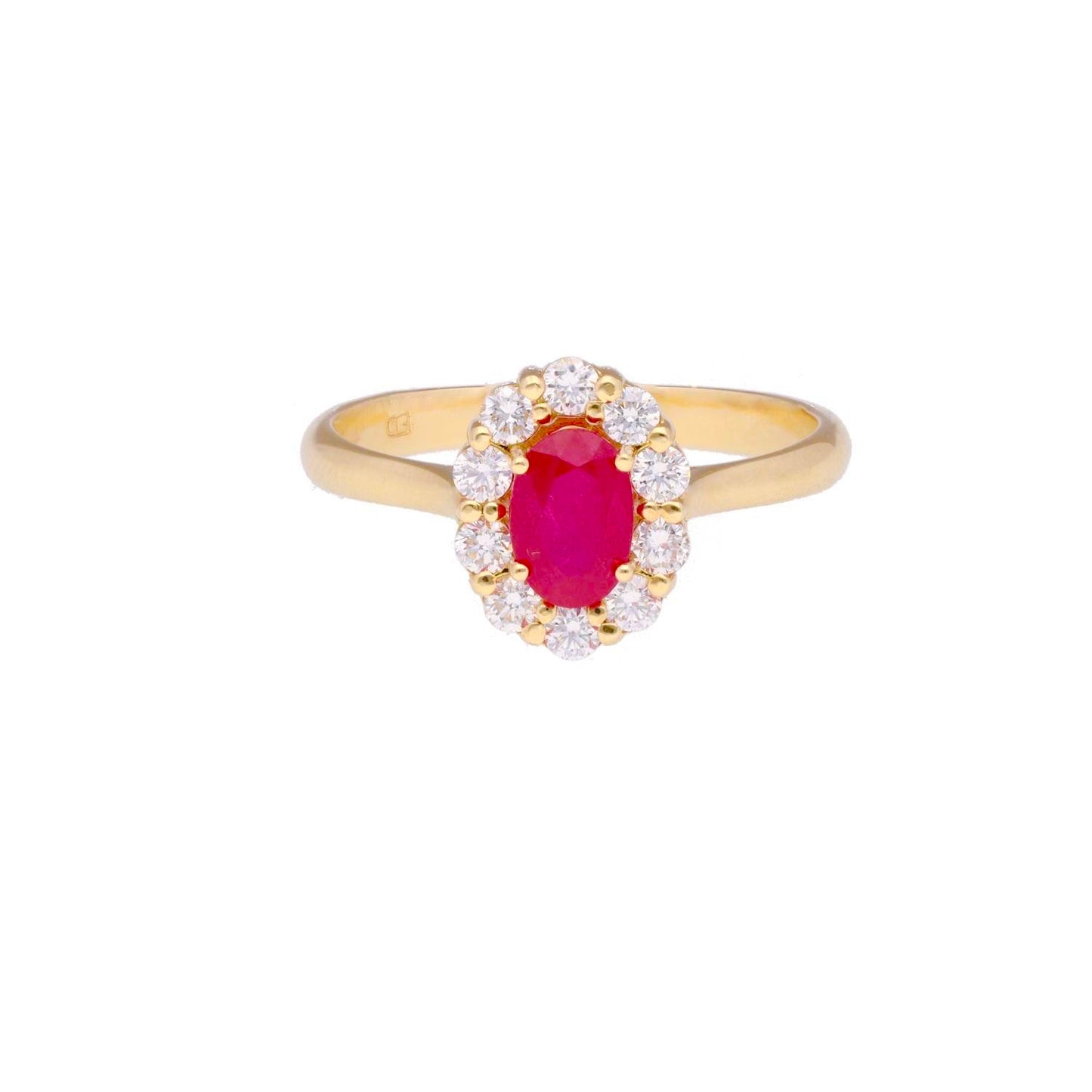 Anillo orla diamantes con  rubí en oro de 18 Kilates