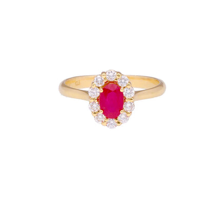 Anillo orla diamantes con  rubí en oro de 18 Kilates