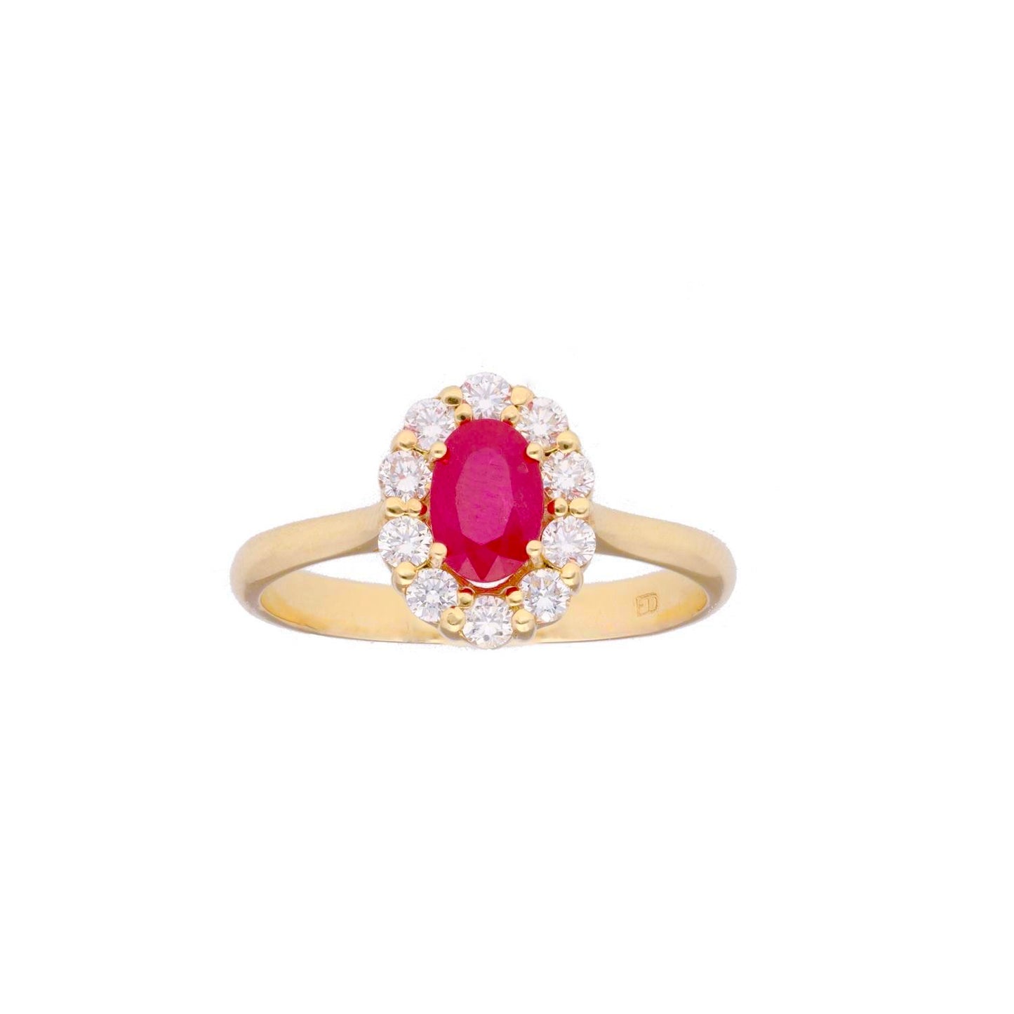 Anillo orla diamantes con  rubí en oro de 18 Kilates