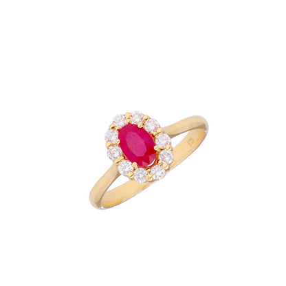 Anillo orla diamantes con  rubí en oro de 18 Kilates